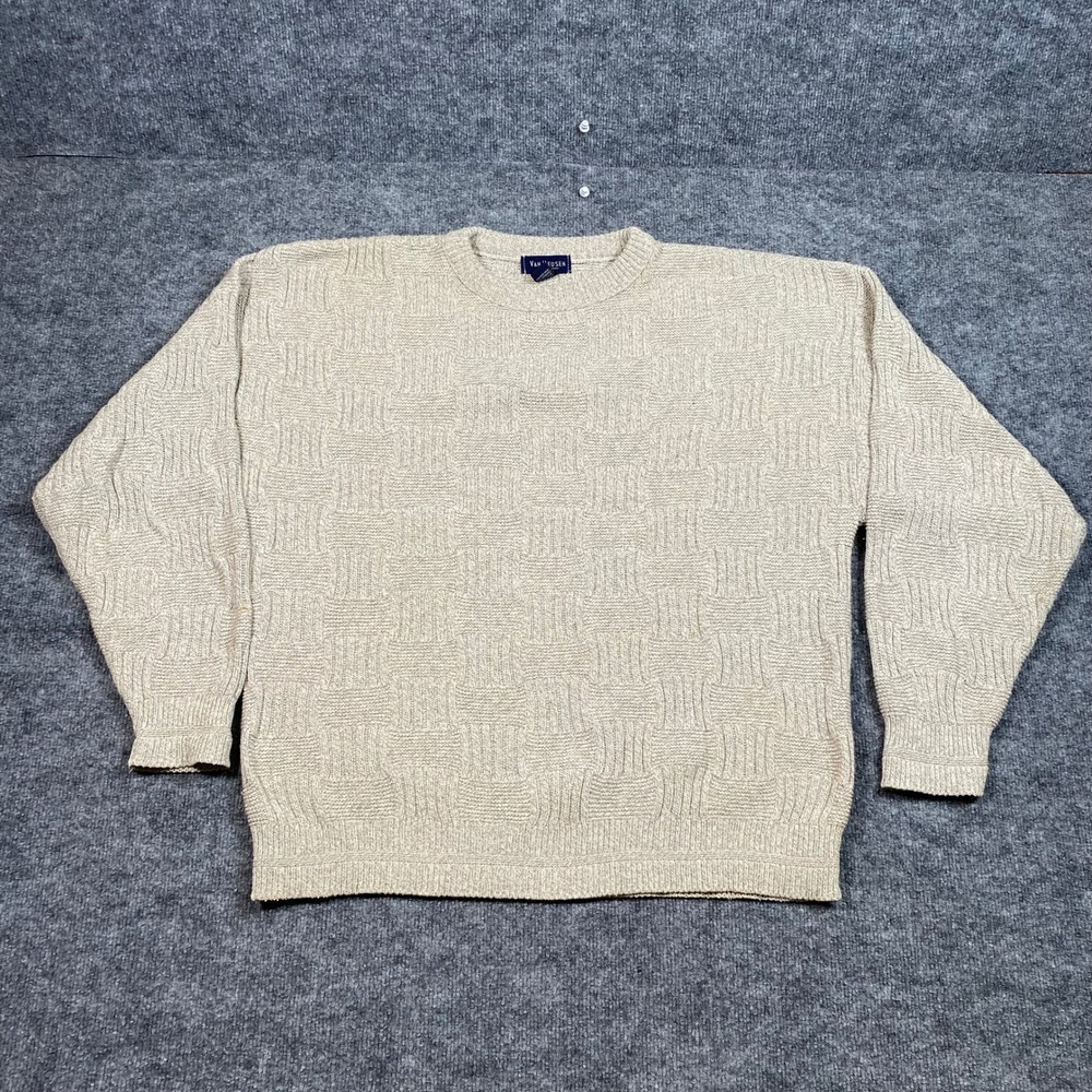 Van Heusen Mens Large Beige‎ Cotton Basketweave Textured Crewneck Sweater USA